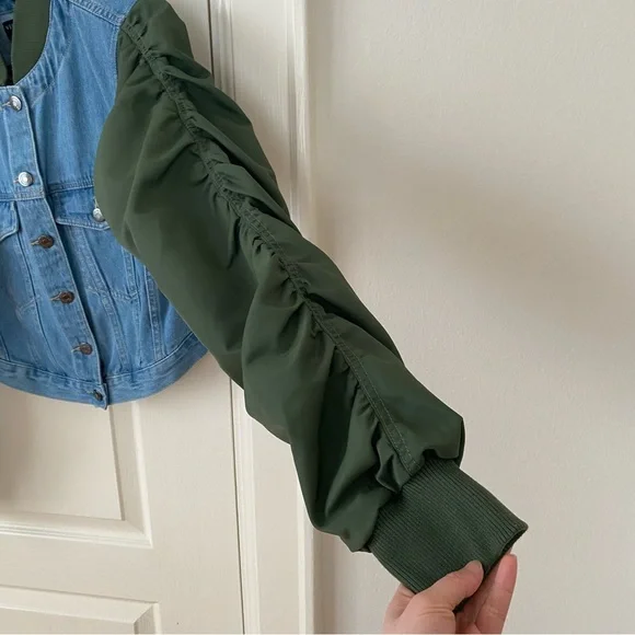 $498 NWOT Veronica Beard Emelia Denim Paneled Ruched Sleeves Bomber Jacket sz S